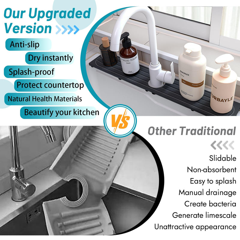 Stone Faucet Mat for Kitchen Sink with Raised Feet, Sink Mat for Kitchen Faucet, Water Absorbent Diatomite Stones Sinks Tray, Sink Splash Guard & Protectors, Stone Drying Tray for Bathroom Counter 23.7" x 4" Dark Gray Style 1