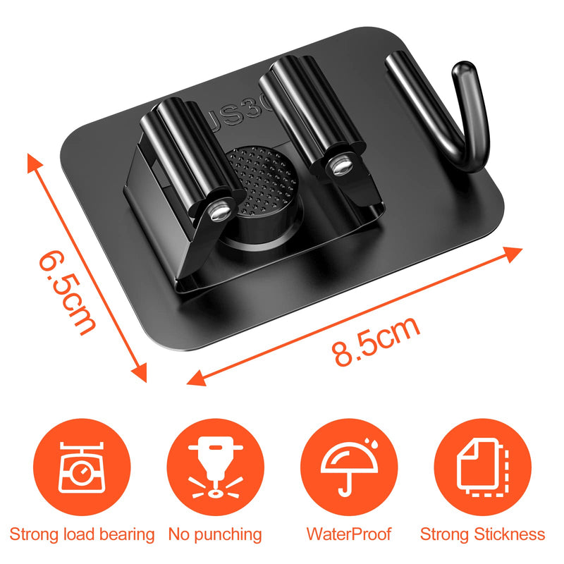 Relota Pack of 6 broom holders wall self-adhesive, device holder wall mount 304 stainless steel, hook broom holder without drilling, mop holder, garden tool holder for kitchen, cupboards, garage, garden (black).