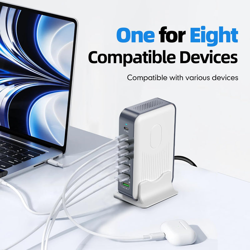 8 in 1 USB C Fast Charger Block, 8 Ports Chagring Station, Dual 100W PD PPS HUB for Multiple Devices, Laptop Adapter Compatible with MacBook Pro/Air iPad iPhone Pro Max, Galaxy, Dell, HP