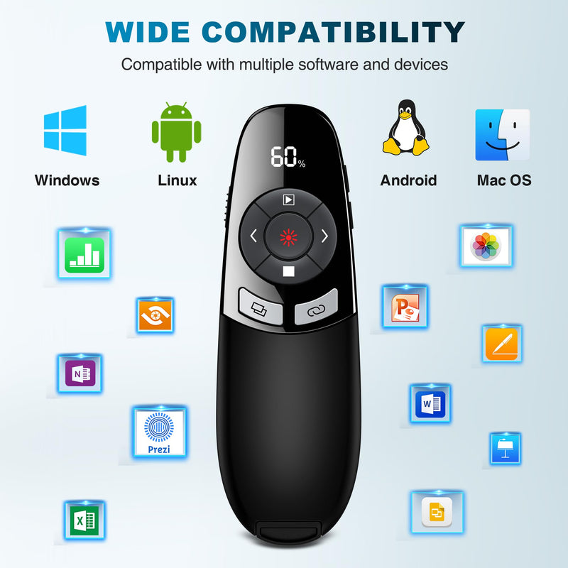 Wireless Presentation Clicker with Red Laser Pointer and Battery & Timer Display, Powerpoint Clicker for Mac Windows Keynote Google, Presenter Remote PPT Remote for Powerpoint Presentations AAA-Red-Timer-Battery Display