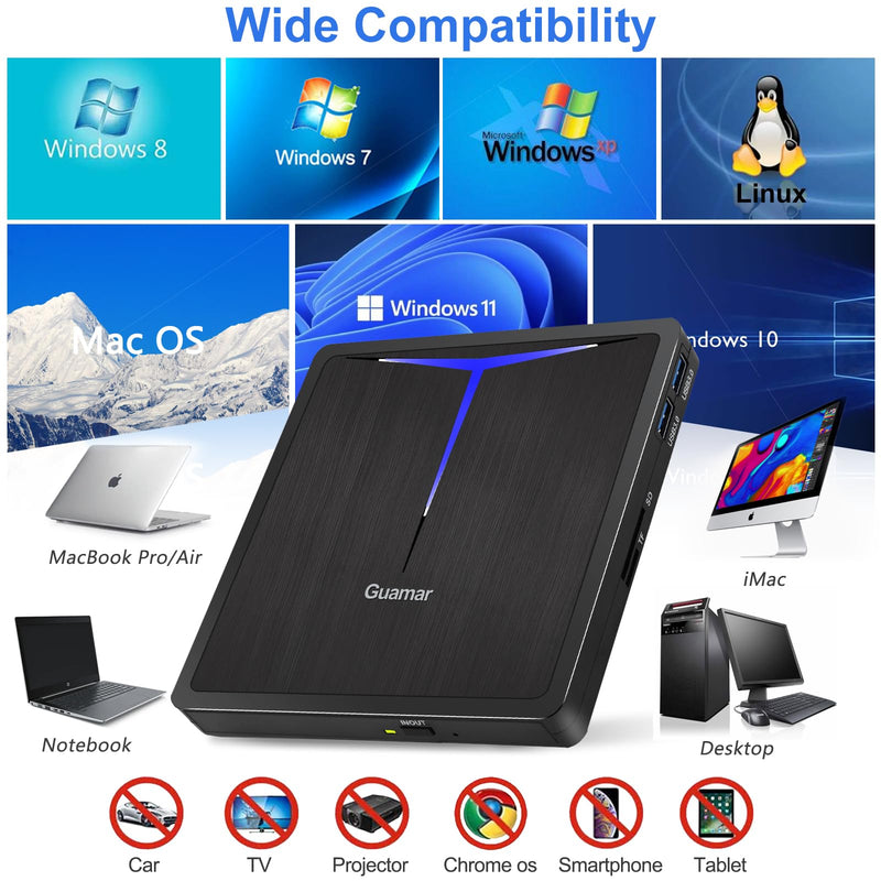 Guamar External CD/DVD Drive for Laptop, USB 3.0 USB-C DVD Player CD Burner with 2 USB Ports SD TF Slot, Portable CD DVD ROM Drive Disk Reader Writer for PC Mac MacBook Windows 11 Linux Light Black