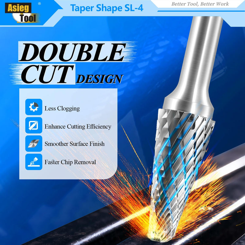 SL-4 Tungsten Carbide Burr Rotary File Taper Shape with Radius End Double Cut with 1/4" Shank for Die Grinder Drill Bit SL-4
