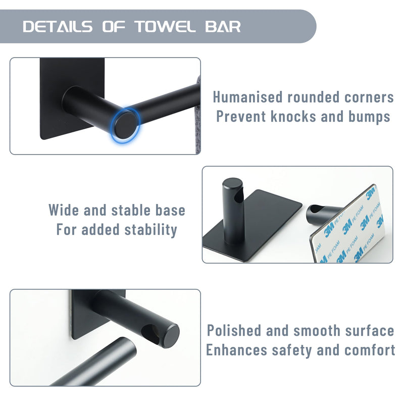 Alise Adhesive Towel Bar, 16 Inch Towel Racks for Bathroom SUS 304 Stainless Steel,Bathroom Towel Holder No Drill, Strong Self Adhesive Towel Bar, Matte Black