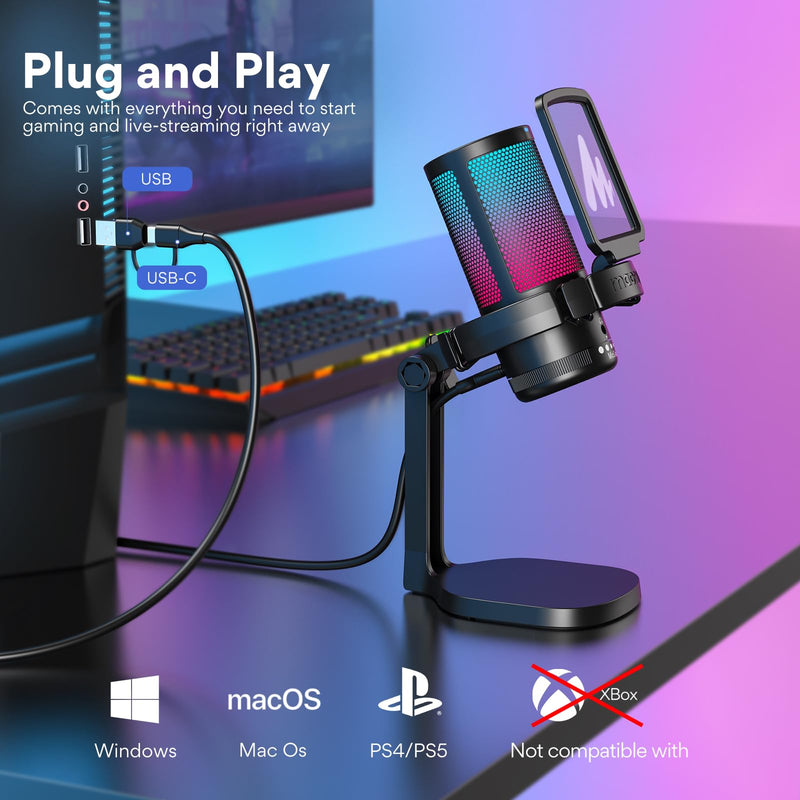 MAONO USB Gaming Microphone for PC, Noise Cancellation Condenser Mic with RGB Lights, Mute, Gain for Streaming, Recording, Podcast, Chat, Twitch, YouTube, Discord, Computer, PS5, PS4, GamerWave Black