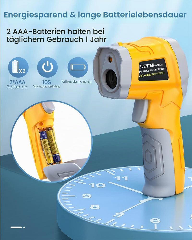 Eventek Infrared Thermometer, -50°C ~ 600°C Temperature Meter, 0.1-1.0 Adjustable Emissivity Laser Thermometer, Colored HD Screen Thermometer for Kitchen, Pizza, Cooling, Industry yellow