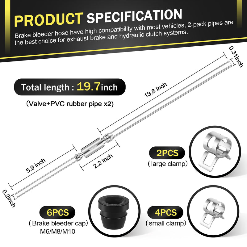 Meonum 2 Pack Brake Bleeder Hose, Motorcycle Brake Bleeder Kit with 6 Nozzle Cap & Clamp, One Way Check Valve Tube Bleeding Tools, Hydraulic Brake System Bleeding, Car Clutch Brake Fluid Bleeder Hose