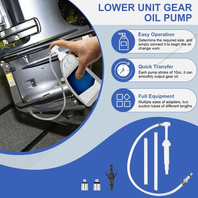 10cc Lower Unit Gear Oil Pump for Standard Quart Bottles(28mm), 3rd Hand Adapter, 8mm and 10mm Adapter for Boat Outboard Motors, Gear Lube Pump with 3/8 in Metal Swivel(Not for Vol-vo Pen-ta)