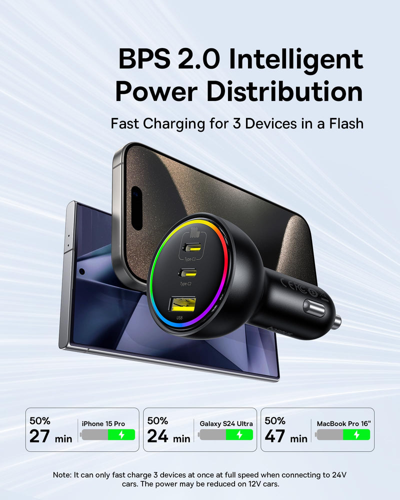 152.5W USB C Car Charger, Baseus Super Fast Charging 3 Ports Car Charger, PD3.0 QC4.0 Ultra Compact RGB Fast Type C Car PhoneCharger Adapter, for iPhone 17 16 15 14 Pro Max Samsung S24 MacBook iPad 152.5W with Cable
