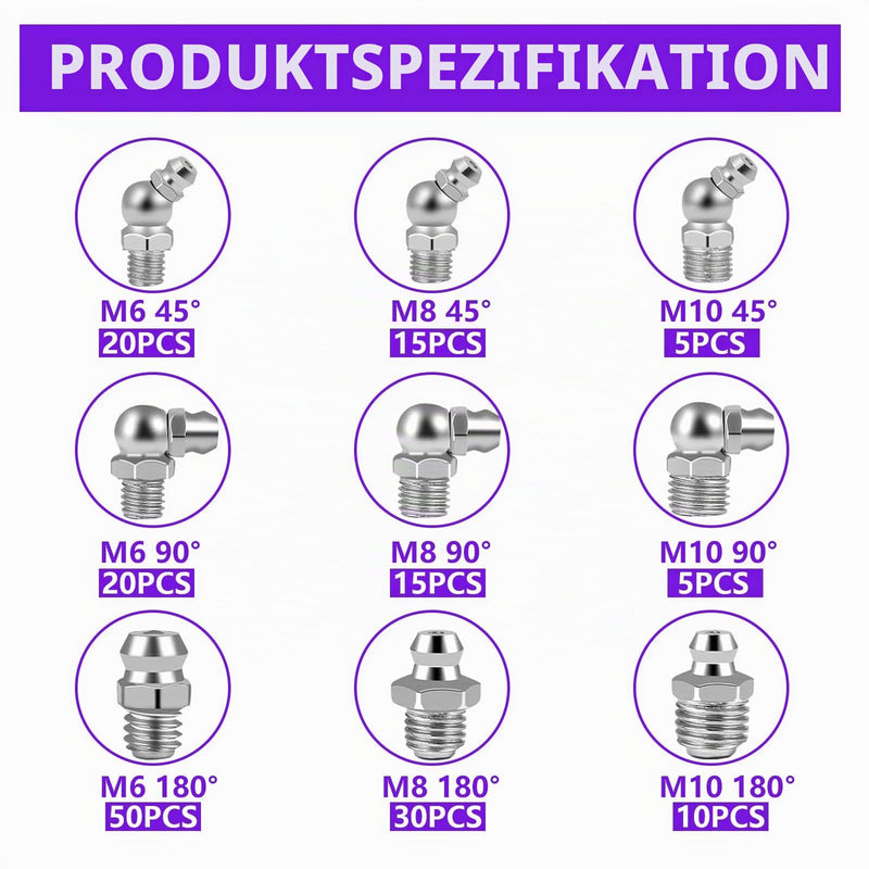 Pack of 260 Grease Nipples Assortment M6 M8 M10 45° 90° 180° | Tapered lubrication nipple with grease nipple caps, nickel-plated iron, for lubricating presses