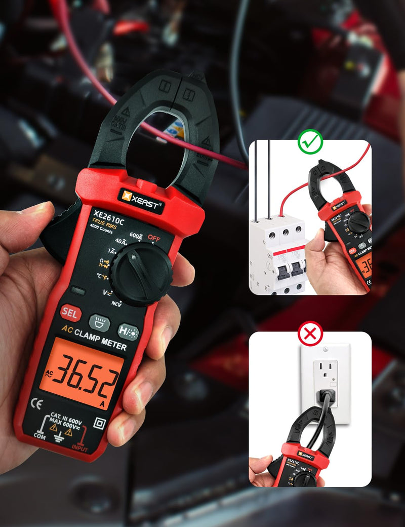 Current Clamp Multimeter, True-RMS 4000 Count Auto Range Clamp Meter, Clamp Meter for Measuring AC/DC Voltage, AC Current, Temperature, Resistance, Capacitance, Continuity, Diode NCV XE2610C