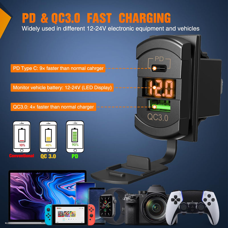 Nilight 4 Gang Rocker Switch Panel with PD Type C and USB Charger Voltmeter 12V SPST ON Off Toggle Switches with Orange Backlit Waterproof Aluminum for Boats Cars RVs Trucks Amber 5 Gang Type C +USB