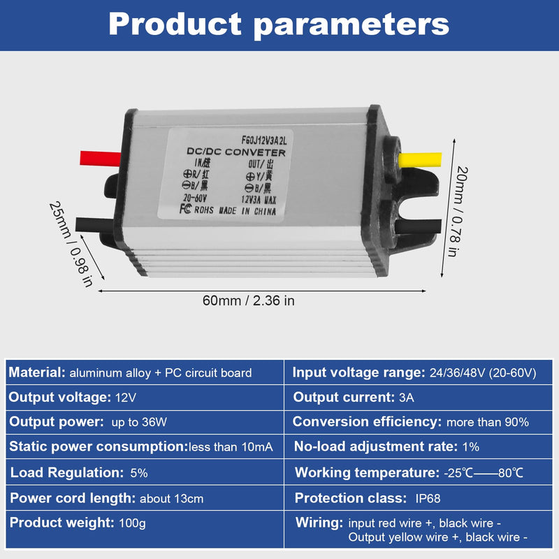 24V to 12V DC Step-Down Converter, 20-60V to 12V 3A Voltage Converter, Voltage Reducer Converter, Waterproof Power Supply Module Transformer, Voltage Limiter Adapter 20V-60V to 12V 3A