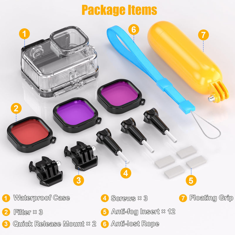 Waterproof Case with Dive Filters for Go Pro Hero 12 Black/Hero 11 Black/Hero 10 Black/Hero 9 Black, 230 FT/70M Underwater Protective Housing Dive Kit, Professional Action Camera Dive Accessory