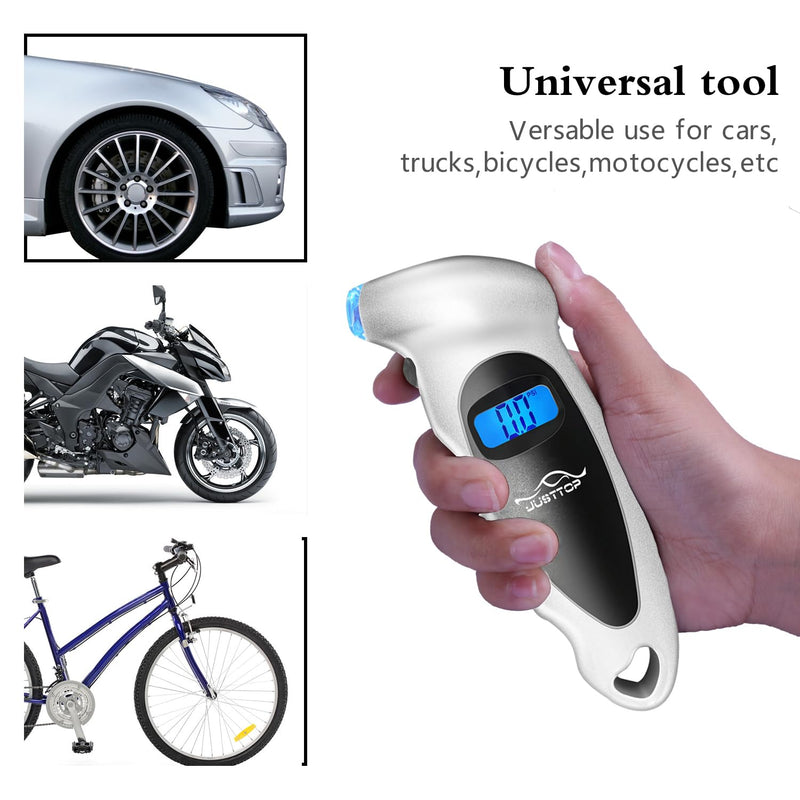 JUSTTOP Digital Tire Pressure Gauge, 150PSI 4 Setting for Cars, Trucks and Bicycles, Backlit LCD and Anti-Skid Grip for Easy and Accurate Reading(Silver) Silver