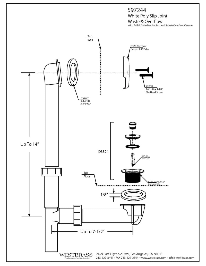 Westbrass 597244-07 White 1-1/2" Tubular Pull & Drain Bath Waste Drain Kit with 2-Hole Overflow Faceplate, Satin Nickel 1 Pack
