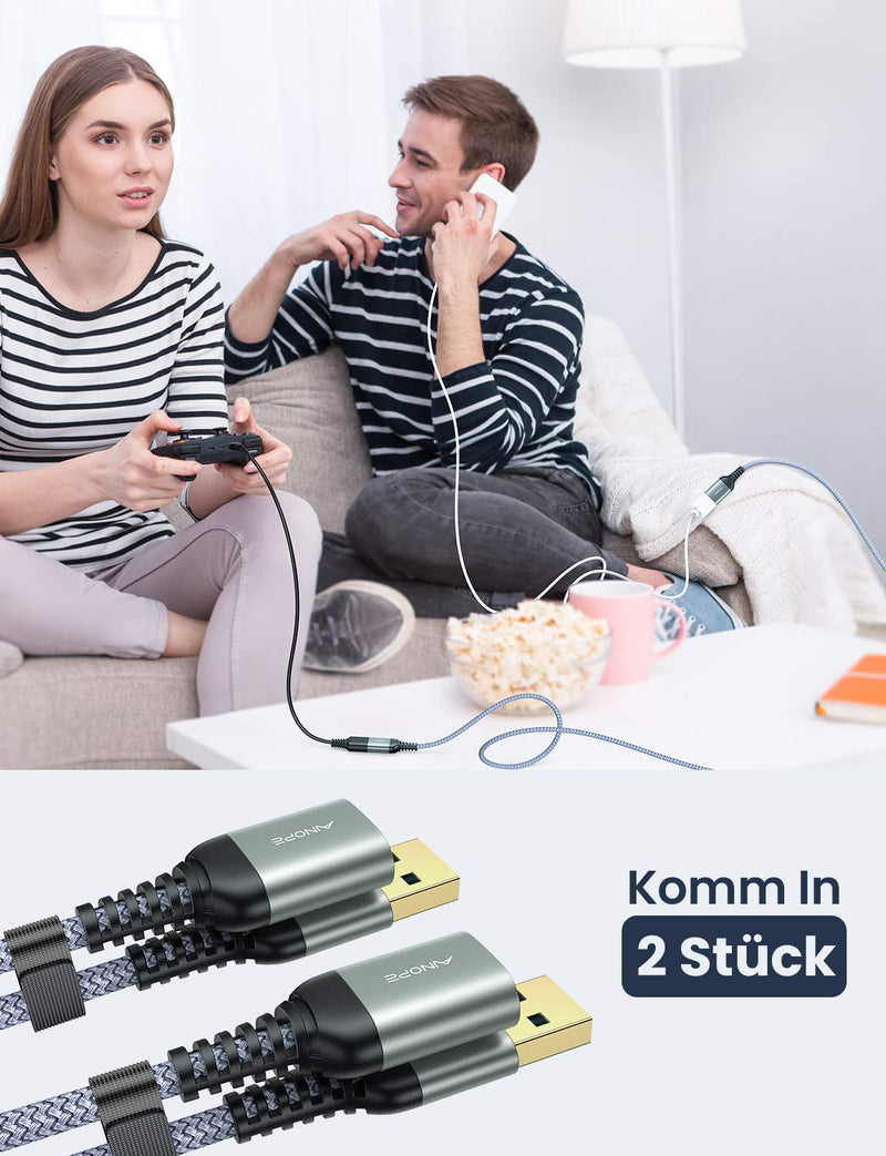 Pack of 2 2M USB extension cable AINOPE USB 3.0 extension cable A male to A female with elegant aluminum plugs, nylon fabric jacket for card reader, keyboard, printer, scanner, camera 2M+2M Gray