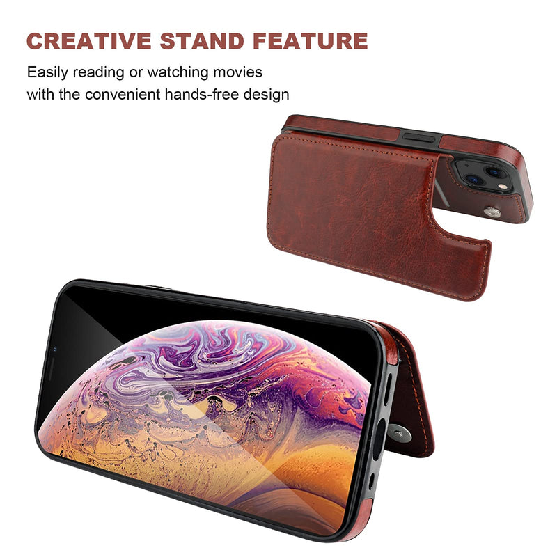 Compatible with iPhone 13 Wallet Case with Card Holder, PU Leather Kickstand Card Slots Case, Double Magnetic Clasp Durable Shockproof Cover 6.1 Inch(Brown) Brown