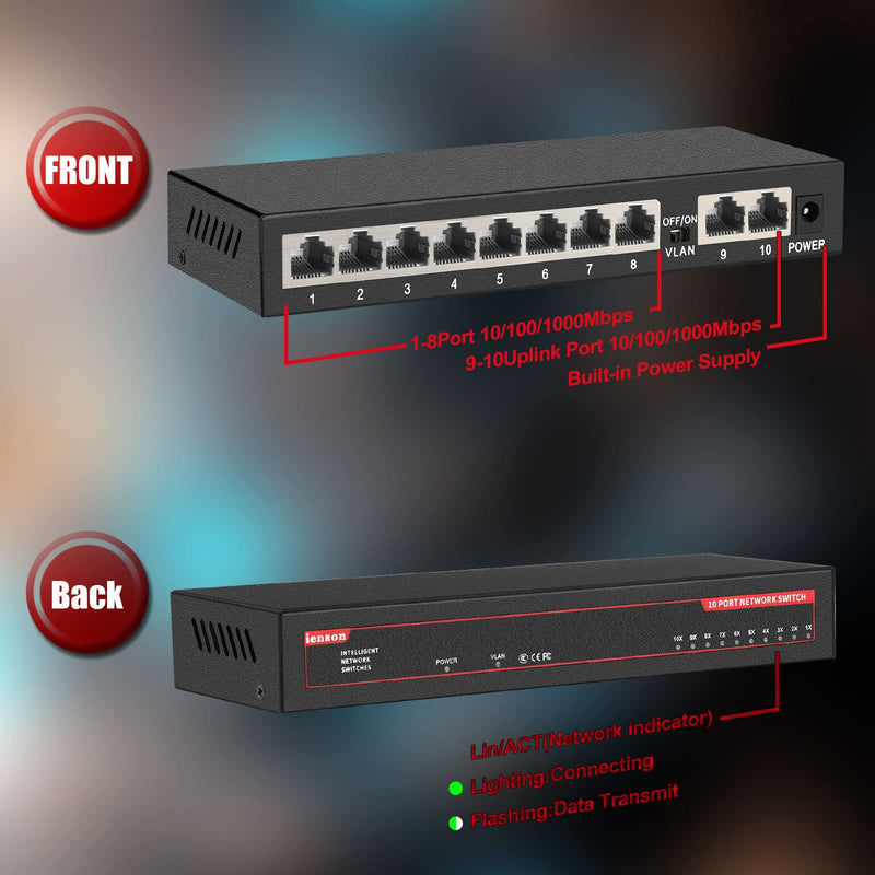10 Ports Gigabit Ethernet Switch Unmanaged, 8 Gigabit Ports+2 Gigabit Uplink Port, Network Switch,Ethernet Splitter| Plug & Play| Fanless Metal Design| Shielded Ports| Traffic Optimization 10 Ports|8 Ports Gigabit+2xUPLINK Ports
