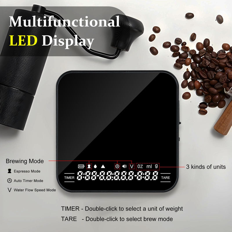 Digital Coffee Scale with Timer/Tare, 2kg/0.1g Precision Espresso Scale, Food Scale Rechargeable, Multiple Modes: Pour-Over/Espresso/Water Flow Speed, LED Display Kitchen Scale with g/oz/ml Black - Tempered Glass