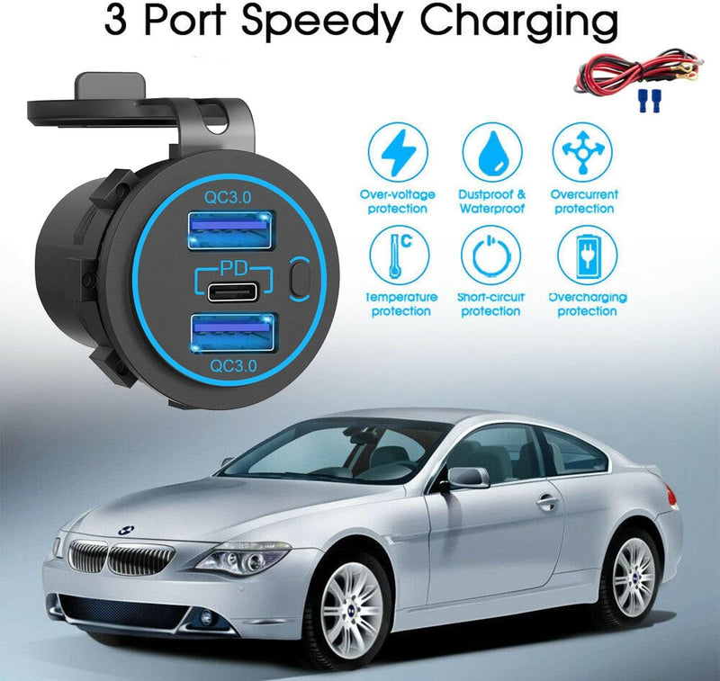 12v usb charger, PD 20W USB-C Power Socket and 18W QC3.0 Socket Waterproof Power Outlet 12V/24V with Power Switch 12V USB C Outlet for Car Golf Cart Boat Marine Bus Truck RV Marine Motorcycle etc.