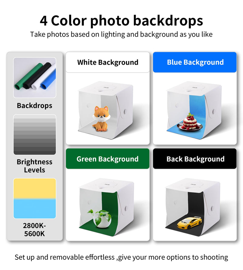 Llight Box Photography 12" Portable Folding Photography Light Tent kit with 120pcs LED Light 4 Colors Backgrounds for Necklaces, Rings, Watch, Cosmetics, etc. 10" Products 12"*12" White