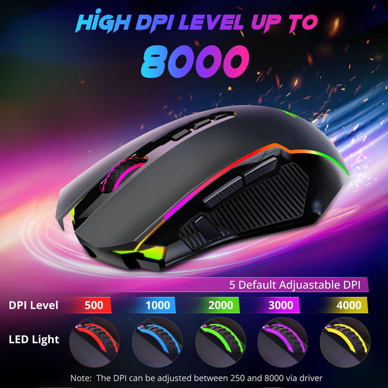 Redragon Gaming Mouse, Wireless Mouse Gaming with 8000 DPI, PC Gaming Mice with Fire Button, RGB Backlit Programmable Ergonomic Mouse Gamer, Rechargeable, 70Hrs for Windows, Mac Gamer, Black 2.4G/ Wired