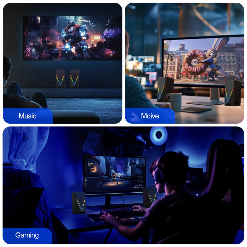 Computer Speakers, Desktop Speakers with 6 Colorful RGB Lights, Headphone Jack, Enhanced Bass and Volume Control, PC Speakers USB Powered & 3.5mm Aux Gaming Speakers for Laptop Monitor PC Tablet Phone