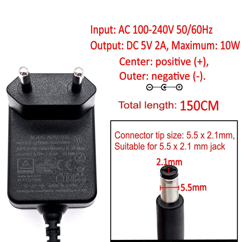 JZK AC 100-240V to DC 5V 2A Power Supply Converter Transformer Charger with 8 DC Plug Adapters Replacement 5V 0.5A 500mA 1A 1.5A 2000mA for CCTV Cameras, LED Light Strips, TV Box