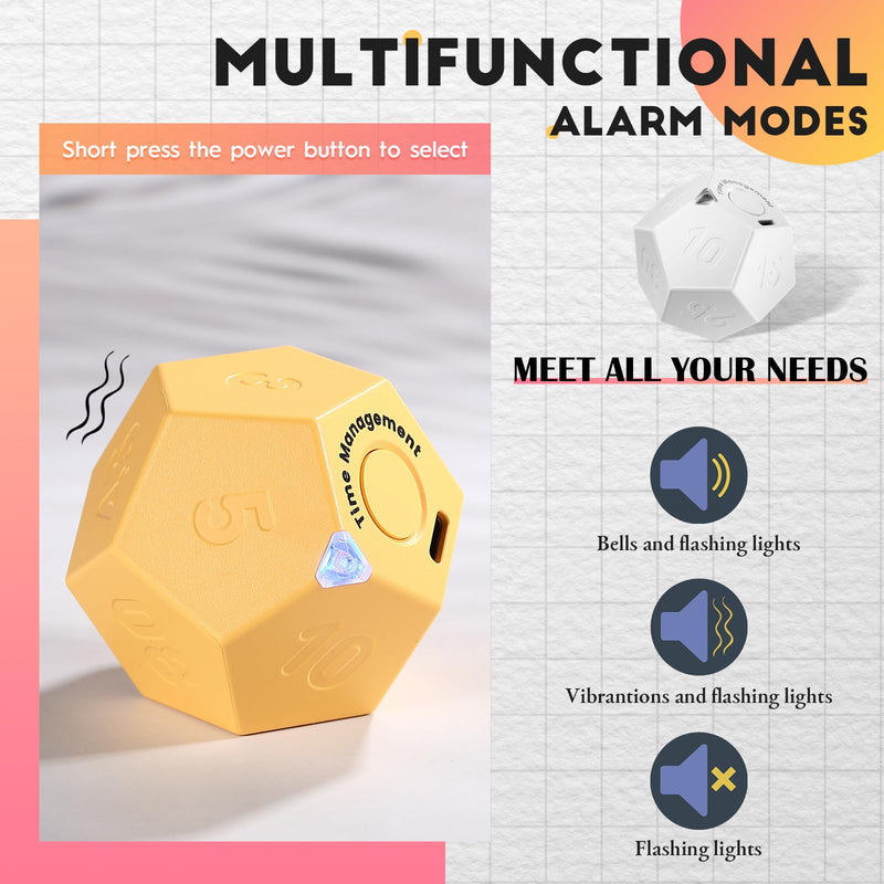 Konohan 2 Pcs Cube Timer Rechargeable Mini Pomodoro Timer 11 Preset Time Desk Productivity with Sound Vibrate Light Alarm Flip for Time Management ADHD Workout Study Cooking, White and Yellow