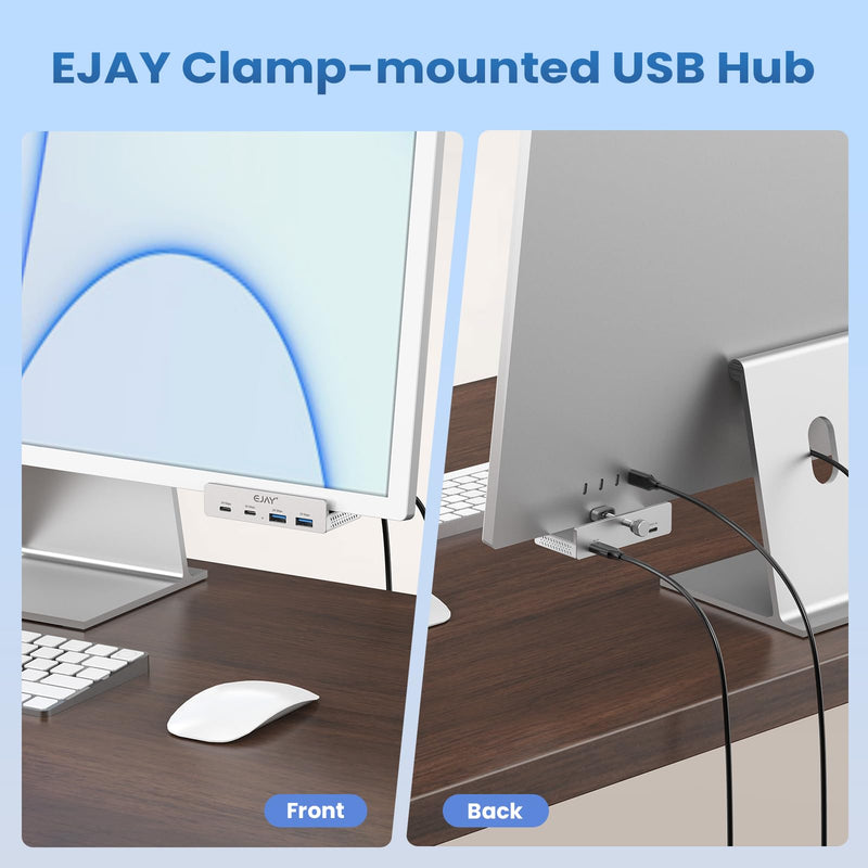 EJAY 4Ports 10Gbps USB-C HUB USB3.2 Clamp USB HUB Splitter,Mountable USB-C Adapter with Data & Power Cable for iMac 2021 and later-10Gbps(Silver) Silver
