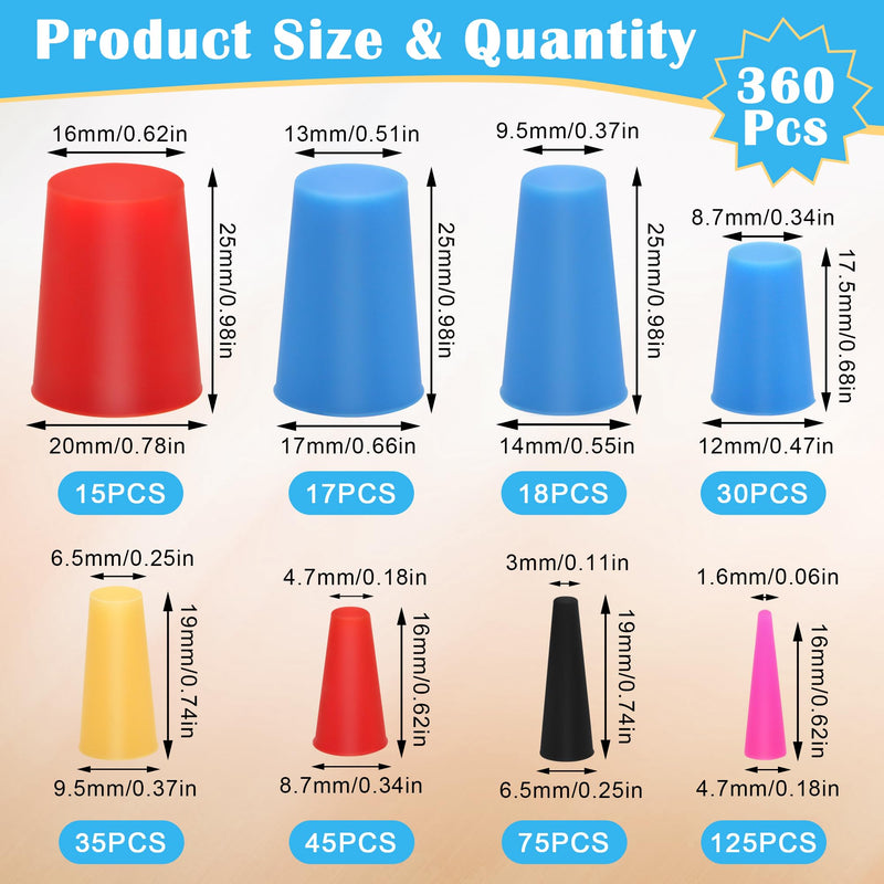 360PCS Silicone Rubber Tapered Plug, Coldairsoap High-Temperature Resistant Rubber Stoppers 8 Size 1/16" to 5/8" for Hole Plugs, Spraying, Coating, Painting Protection (360) 360
