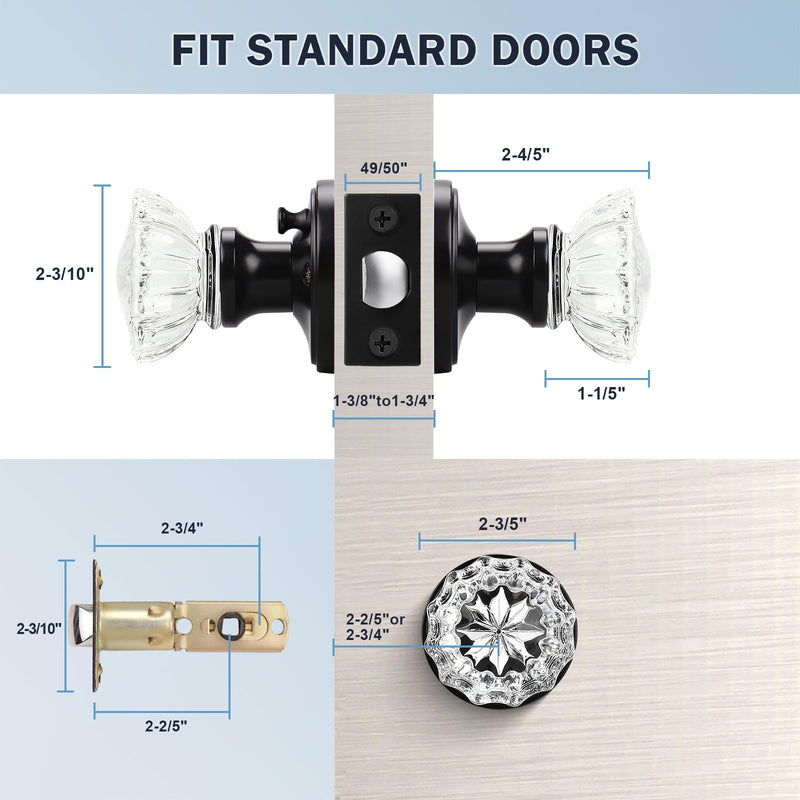 KNOBWELL Modern Round Crystal Door Knobs with Lock, Frosted Glass Door Knobs Interior, Privacy Function for Bed and Bath, Matte Black Door Lock 1 Pack