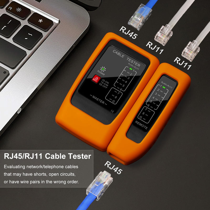 Network Cable Tester with PoE Detection, RJ45/RJ11 Ethernet & Telephone Cable Tester with Silicone Protective Case & Auto Power-Off Tester Set Upgrade-RJ45 / RJ11