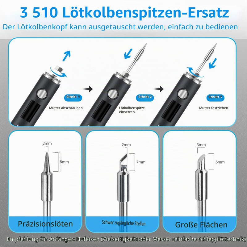 diymore Battery Soldering Iron Set, USB Wireless Soldering Iron, 5 Gears Temperature Adjustable 260 °C - 420 °C, 3 Soldering Tips, Soldering Iron Battery for Repair of Welding 10 W (1400 mAh)