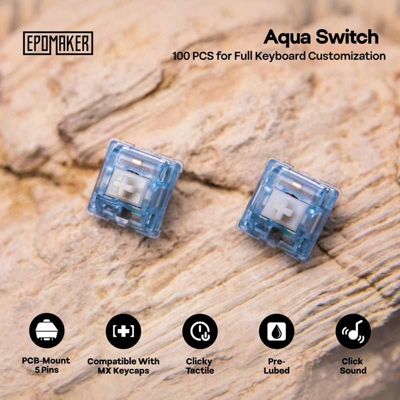 EPOMAKER Aqua 46gf Gaming Keyboard Switches, 100 PCS Clicky Switch, 5-Pin Pre-Lubed Switch, with PC Case, UPE Stem, Compatible with MX Keycaps for Mechanical Keyboard