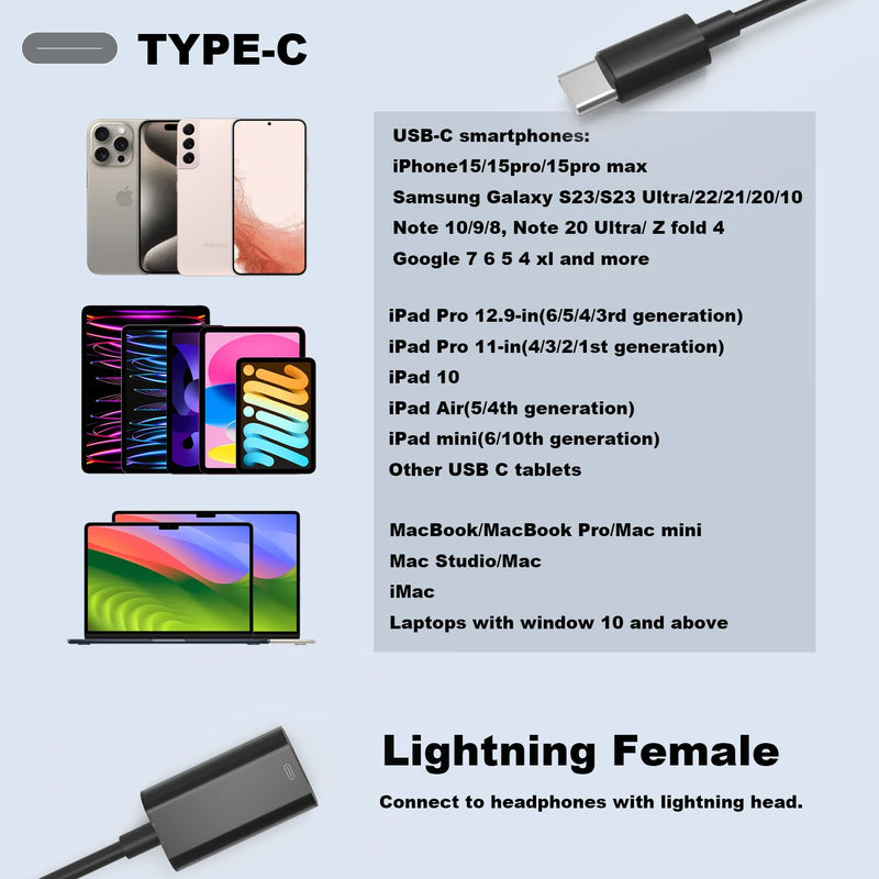 USB C Male to Lightning Female Adapter 2-PACK, USB C to Lightning Headphone Converter for Audio Compatible with iPhone 15 Series, iPad Pro, MacBook Pro and Others, also Support Charge and Data.