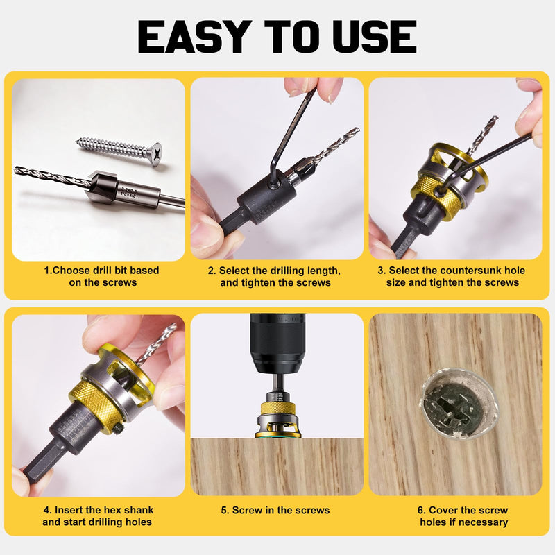 Countersink Drill Bit Set for Wood,17 PCS Counter Sink Drill Bit with 15PCS HSS Tapered Drill Bits and 1/4" Hex Shank Quick Change for Woodworking with Storage Box 17 pcs Yellow