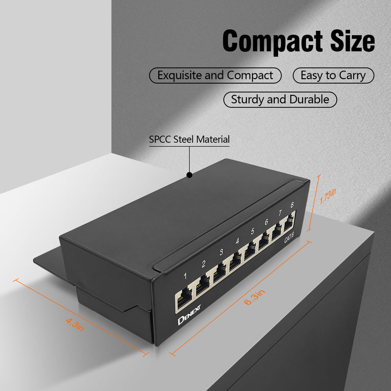 CAT6 Patch Panel 8 Port Distribution Panel Desktop & Wall Mounted Shielded 8x RJ45 Socket LSA Distribution Panel for Gigabit Network Switch 8 Port CAT6 Patch Panel