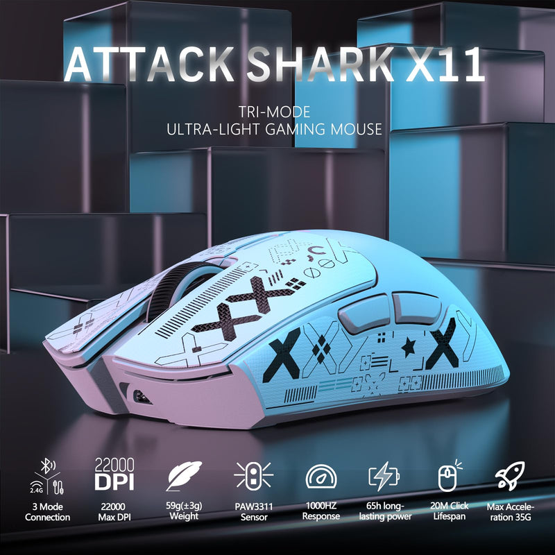 MAGIC-REFINER ATTACK SHARK X11 59g Superlight Wireless Gaming Mouse with Grip Tape, RGB Charging Dock，BT/2.4G Wireless/Wired Pc Mouse, 22000 DPI,5 Programmable Buttons for Pc/Mac(White) White & Griptape