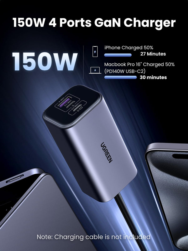 UGREEN 150W USB C Car Charger, PD 3.1 140W Car Charger Adapter Fast Charging 4-Port Cigarette Lighter USB Multi Port Charger Compatible with iPhone 17/16/15, Galaxy S24/S23, iPad, Tablet, Laptop
