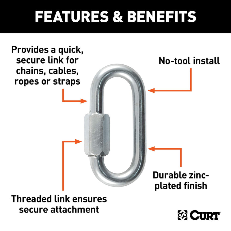 CURT 82930 Threaded Quick Link Trailer Safety Chain Hook Carabiner Clip, 3/8-Inch Diameter, 11,000 lbs Break Strength