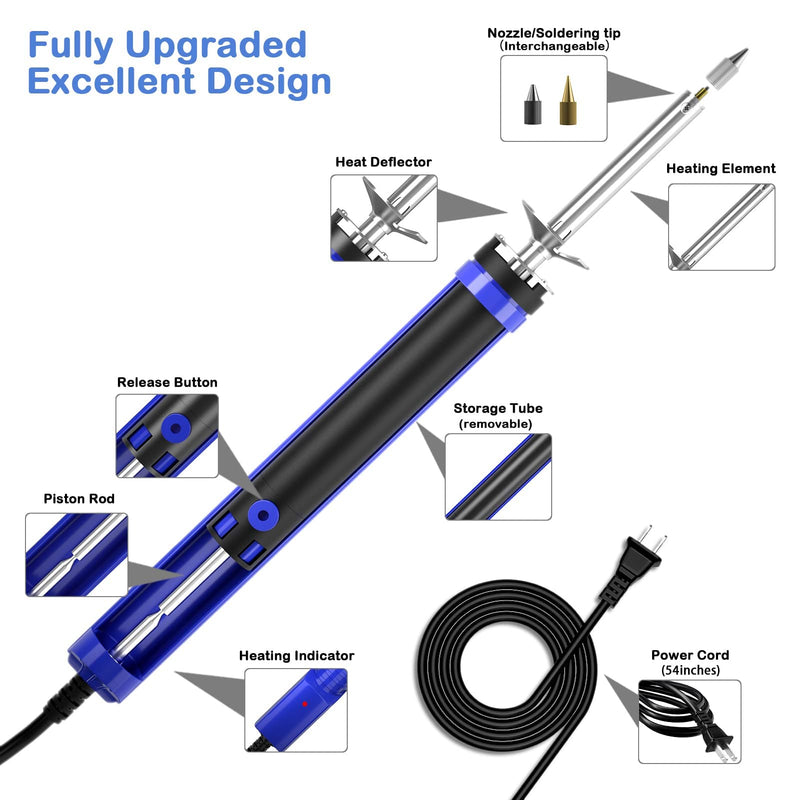 K KERNOWO 929D-V Electric Desoldering Soldering Iron Sucker – Desoldering Pump Tool with 1.0mm & 1.2mm Nozzles, Desoldering Gun with Wick & Cleaning Pin for Through-Hole Solder Removal Blue