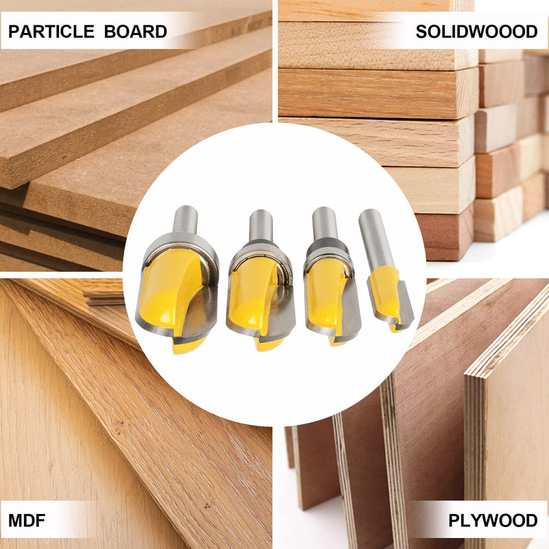 Exqutoo 4Pcs 1/4" Shank Carbide Round Nose Groove Router Bit Set Template Router planing Head Set with Ball Bearing Engraving Router planing Head Wood Cutter Woodworking Tools Carving Cutting Tool 3.94 x 3.35 x 1.18 inches/4Pcs