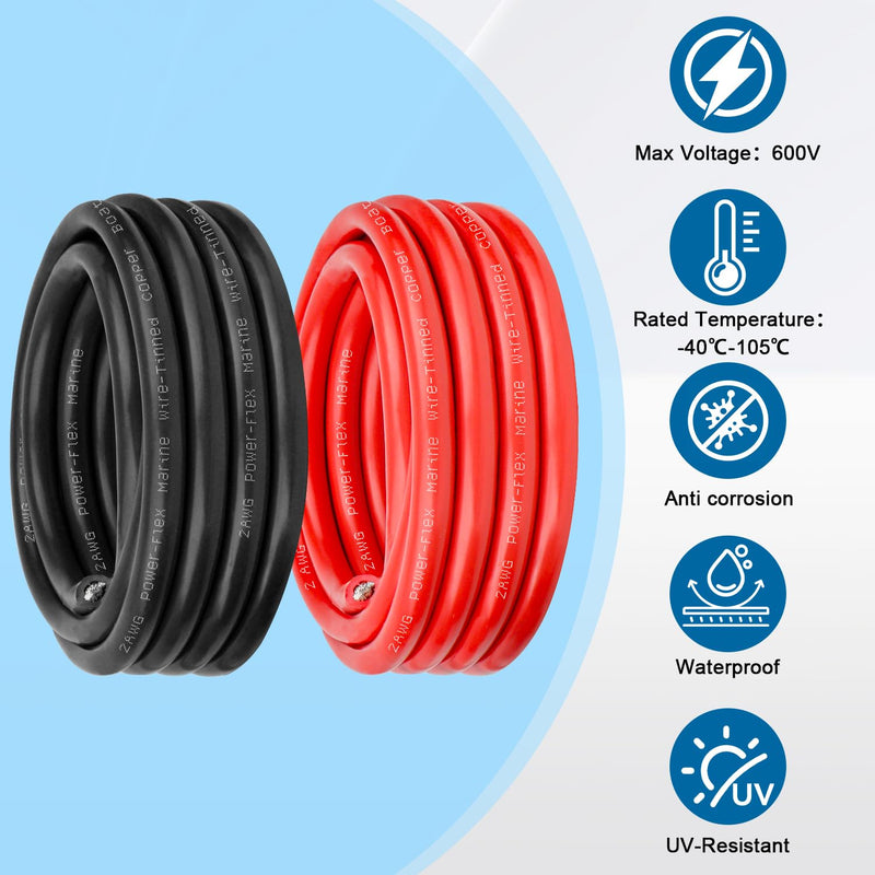 2 Gauge Marine Wire, 2 AWG Tinned Copper Electrical Wire, Boat Cable for Automotive, Solar, Car Audio, Trailer, Camper & Marine Wiring(2 AWG, 3FT Red + 3FT Black) 3 FT 2 Gauge