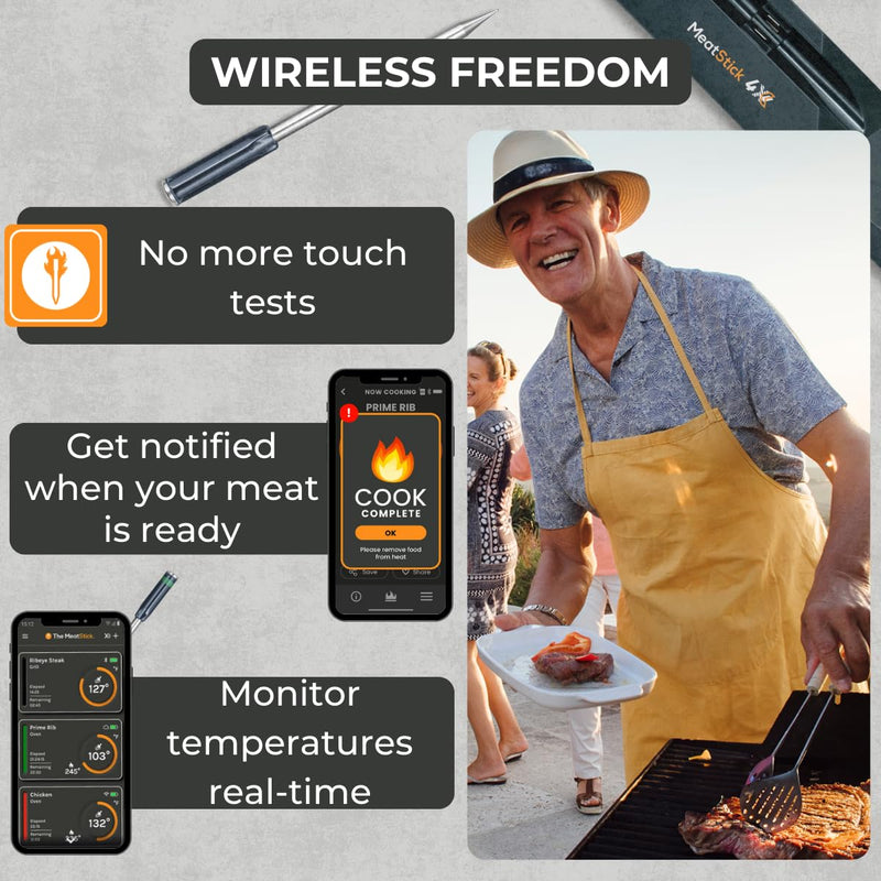 MeatStick 4X Wireless Meat Thermometer for Grilling and Smoking, Bluetooth Temperature Probe with 4 Sensors, 650ft+ Range for BBQ, Smoker, Oven MeatStick 4X Set (650ft Range)