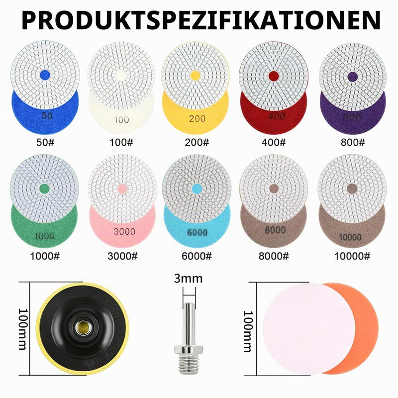 16 pieces diamond polishing discs, marble polishing set, 125 mm including M14 backing pad adapter 50-10000 grit, sanding pads suitable for granite, stone, concrete, tiles grinding