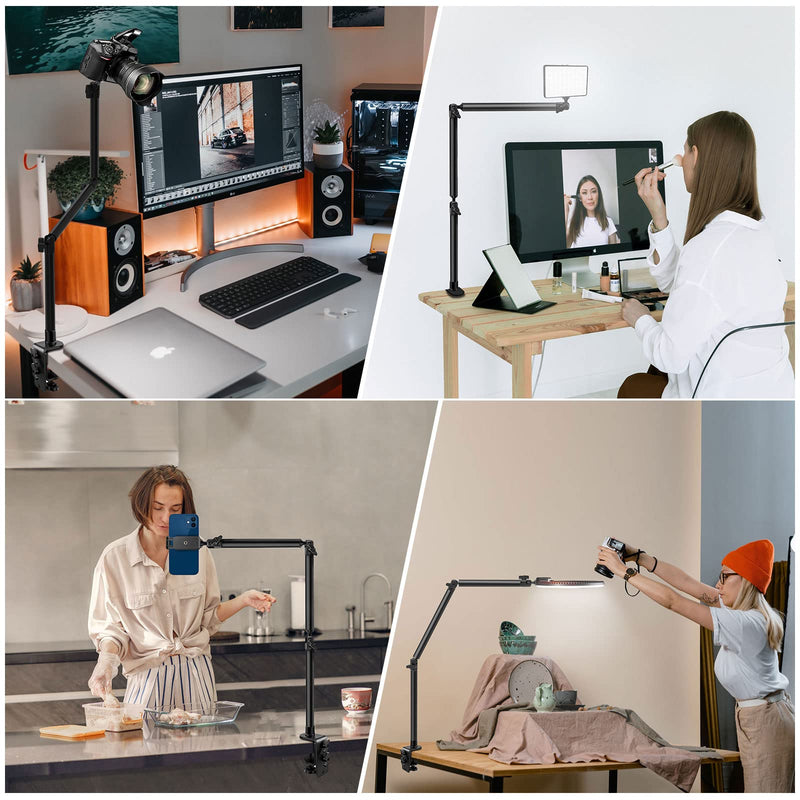 Overhead Camera Mount Desk Stand, Flexible Articulated Arm DSLR Desk Mount Light Stand Phone Holder with 1/4" 3/8'' 5/8'' Screw, Clamp Tabletop Stand for Podcasting/Light/Blue Yeti Nano/Webcam