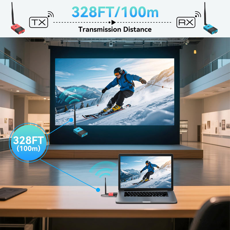 Wireless HDMI Transmitter and Receiver Plug & Play 2.4G+5.8G Wireless HDMI Extender 328FT/100M Support 4K Decode 1080P@60Hz for PC Laptop Camera Cable Box to TVs Monitors Projectors