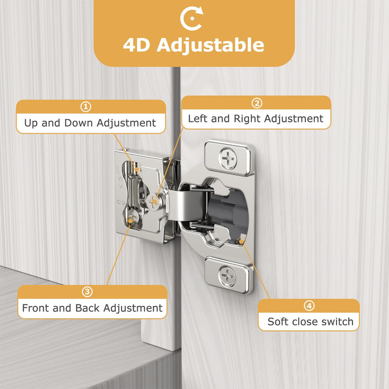 Furniware 10 Pieces 1/4" Small Overlay Concealed Face Frame Hinges, 105° Open Angle 4 Level Soft Close Screw On Compact Cabinet Hinge,for Face Frame Door, Soft Close On/Off Switch, Self Closing 1/4 Inch