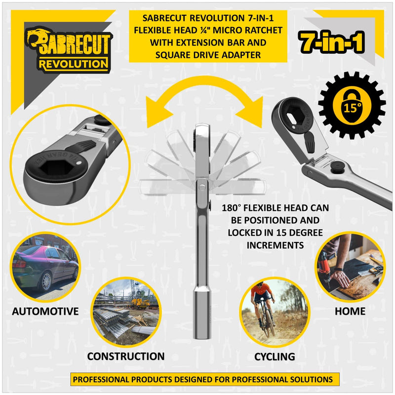 1 x SabreCut MRSC07 7-in-1 Flex Head 6.3mm 1/4" HEX Magnetic Mini Micro Ratchet with Extension Bar and 1/4" Square Drive Socket Adapter Stainless Steel Professional 60 Tooth Gear Hand Ratchet Wrench